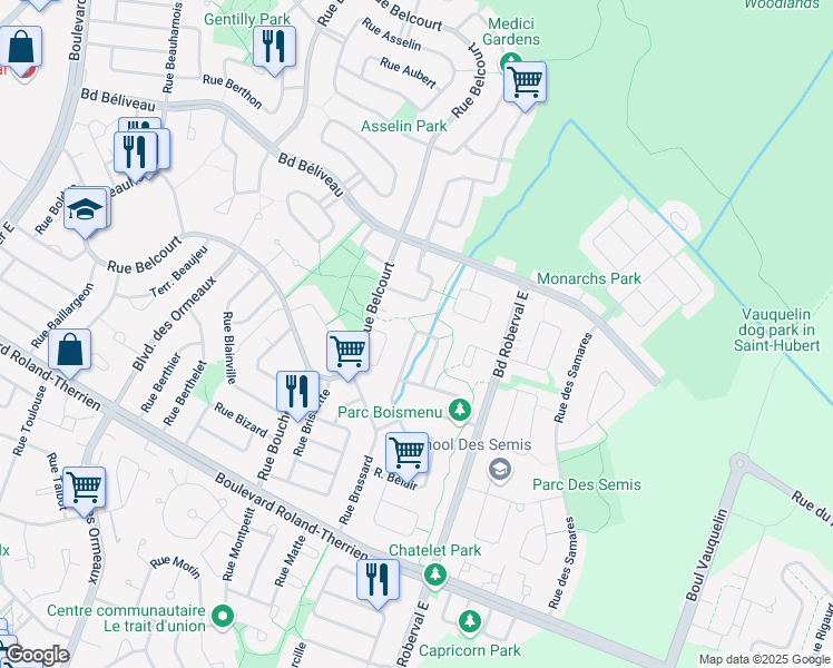map of restaurants, bars, coffee shops, grocery stores, and more near 1465 Rue Beaujolais in Longueuil