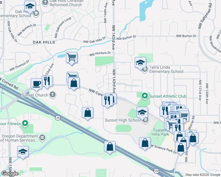 map of restaurants, bars, coffee shops, grocery stores, and more near 1771 Northwest 143rd Avenue in Portland