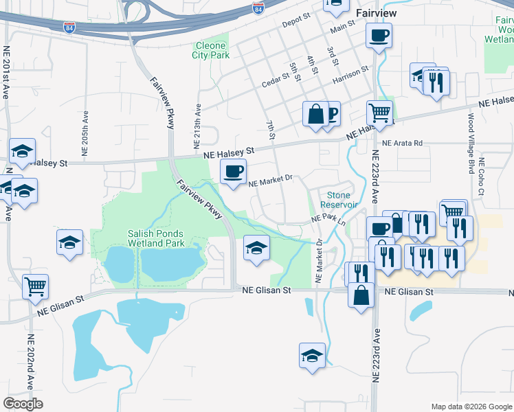 map of restaurants, bars, coffee shops, grocery stores, and more near 1321 Northeast Park Lane in Fairview