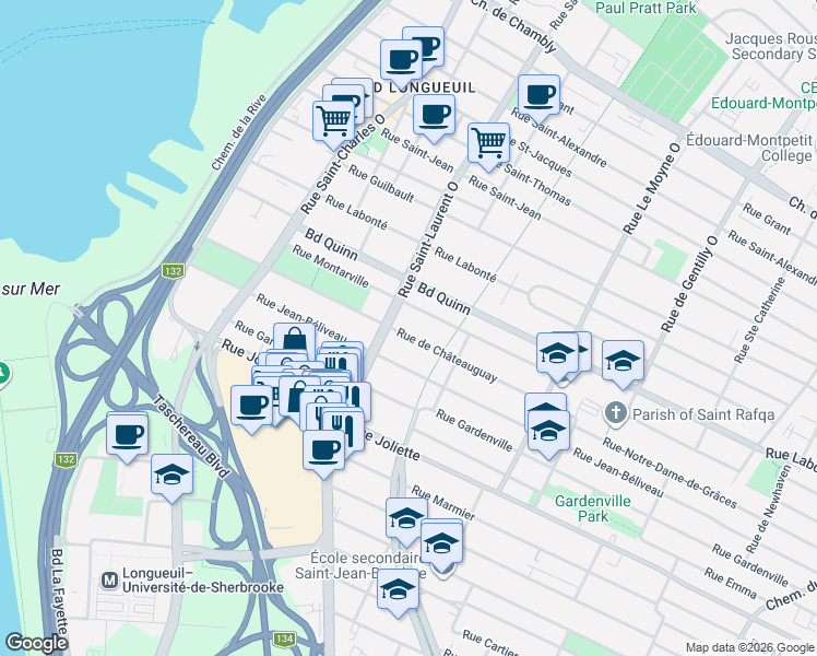 map of restaurants, bars, coffee shops, grocery stores, and more near 365 Rue de Châteauguay in Longueuil