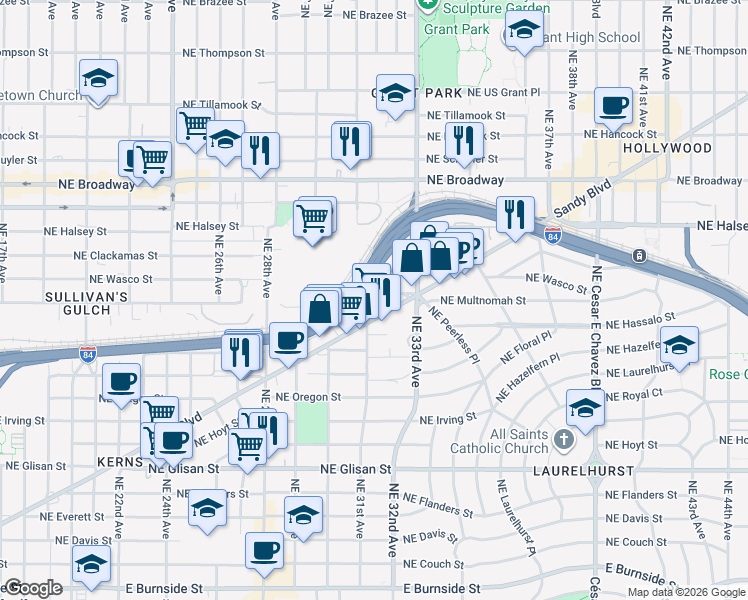 map of restaurants, bars, coffee shops, grocery stores, and more near 3101 Northeast Sandy Boulevard in Portland