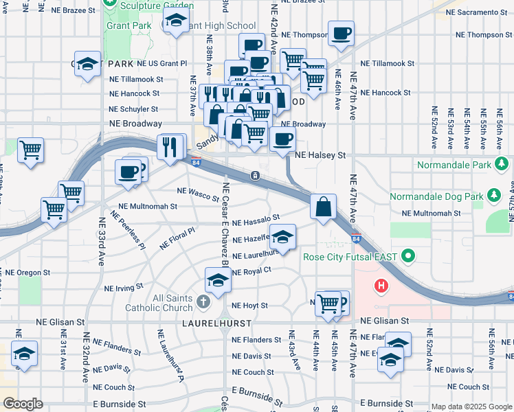 map of restaurants, bars, coffee shops, grocery stores, and more near 4135 Northeast Hassalo Street in Portland