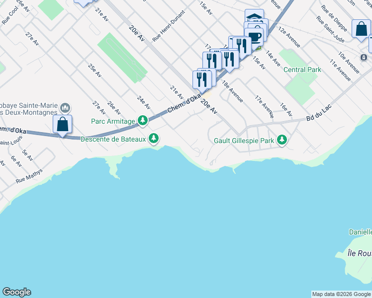 map of restaurants, bars, coffee shops, grocery stores, and more near 112 24e Avenue in Deux-Montagnes