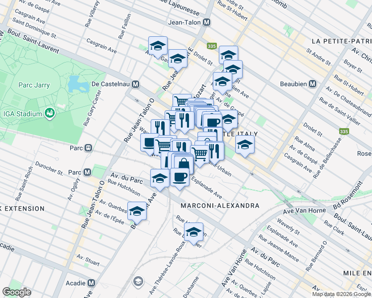 map of restaurants, bars, coffee shops, grocery stores, and more near in Montreal