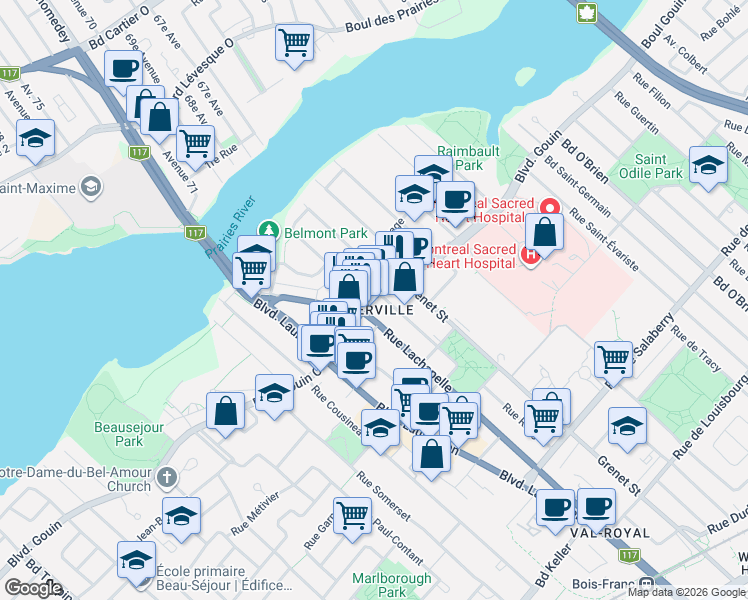 map of restaurants, bars, coffee shops, grocery stores, and more near 5930 Boulevard Gouin Ouest in Montréal