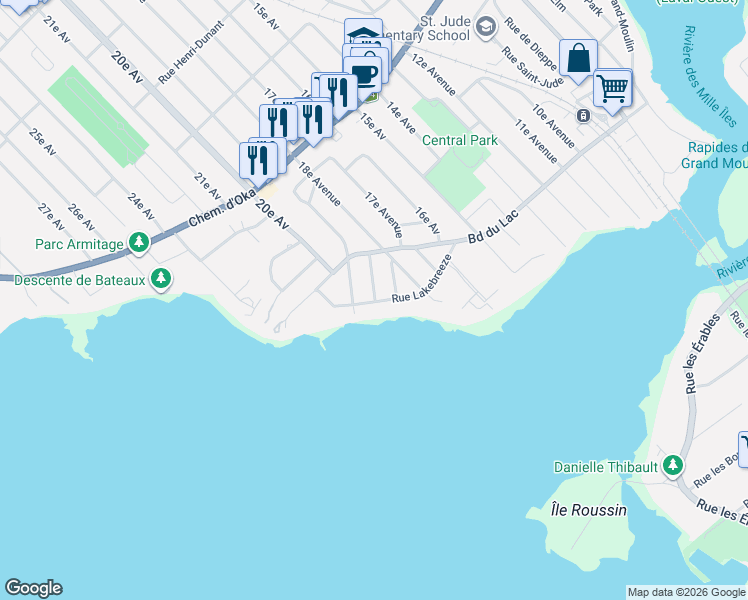 map of restaurants, bars, coffee shops, grocery stores, and more near 1817 Rue Lakebreeze in Deux-Montagnes
