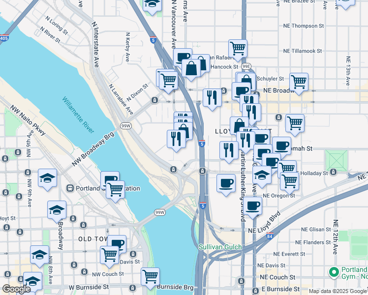 map of restaurants, bars, coffee shops, grocery stores, and more near 1 North Center Court Street in Portland