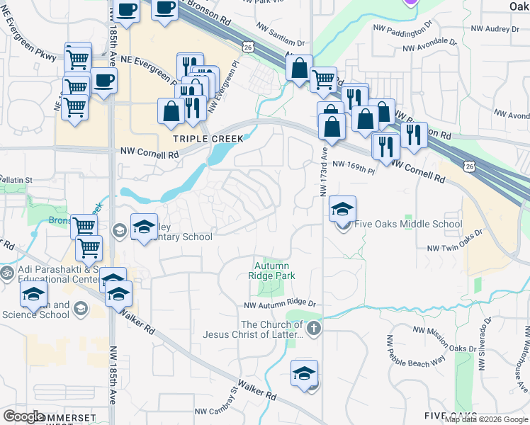 map of restaurants, bars, coffee shops, grocery stores, and more near 17582 Northwest Rolling Hill Lane in Beaverton
