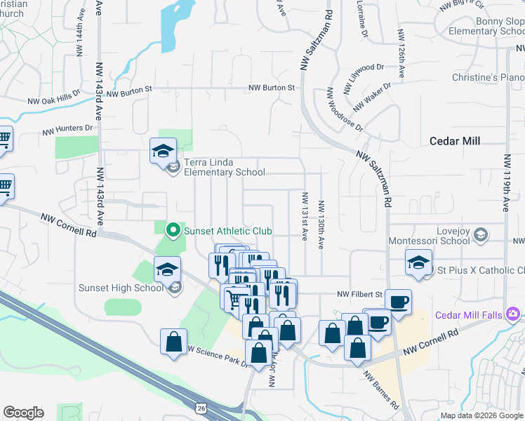 map of restaurants, bars, coffee shops, grocery stores, and more near 13370 Northwest Marshall Street in Portland
