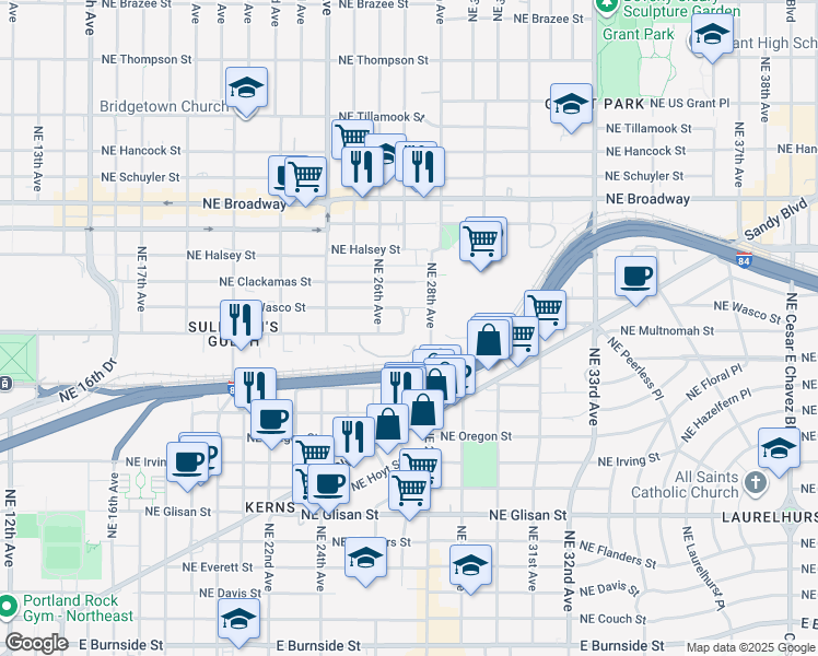 map of restaurants, bars, coffee shops, grocery stores, and more near 2626 Northeast Multnomah Street in Portland
