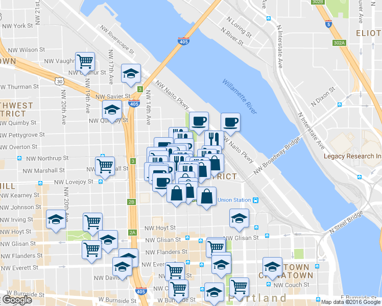 map of restaurants, bars, coffee shops, grocery stores, and more near 10TH Southeast Crest Court in Portland