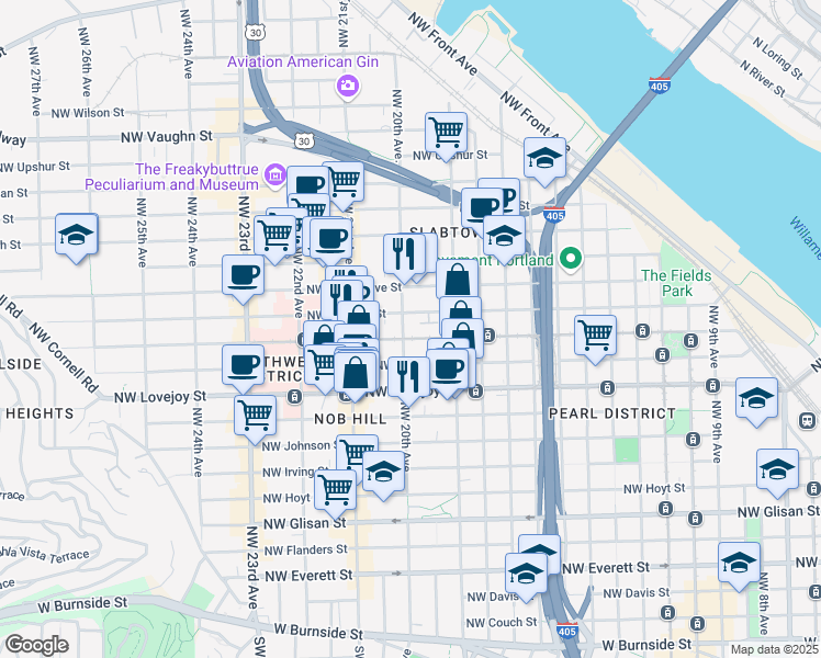 map of restaurants, bars, coffee shops, grocery stores, and more near 1120 Northwest 20th Avenue in Portland