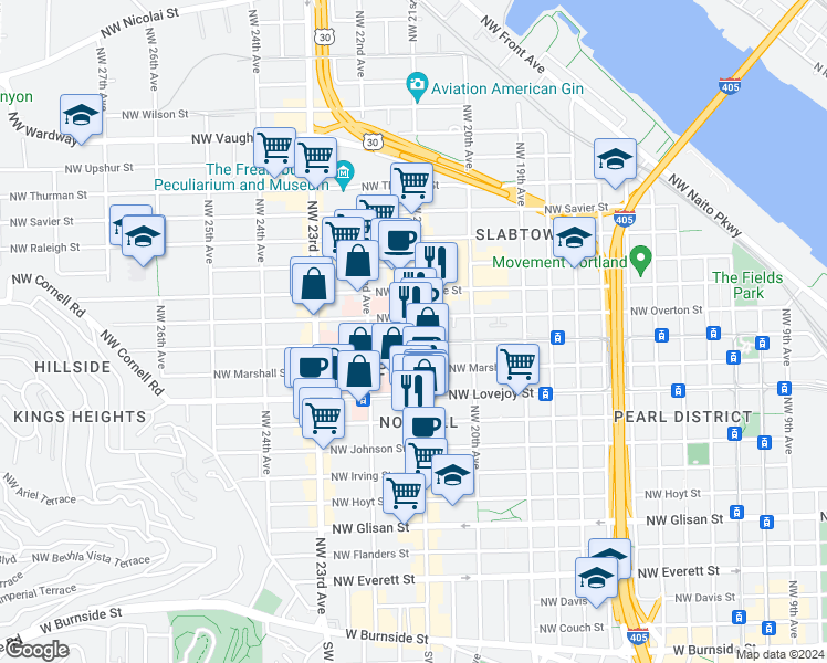 map of restaurants, bars, coffee shops, grocery stores, and more near 2149 Northwest Marshall Street in Portland