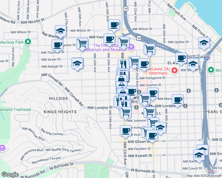 map of restaurants, bars, coffee shops, grocery stores, and more near 2364 Northwest Northrup Street in Portland