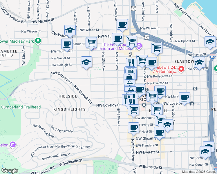 map of restaurants, bars, coffee shops, grocery stores, and more near 2432 Northwest Northrup Street in Portland