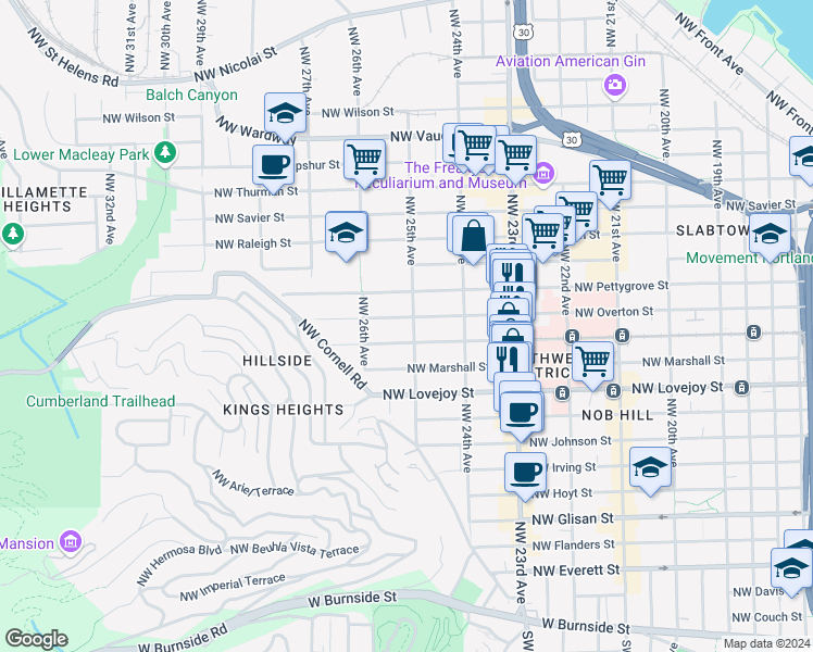 map of restaurants, bars, coffee shops, grocery stores, and more near 1133 Northwest 25th Avenue in Portland