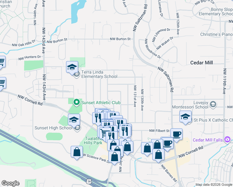 map of restaurants, bars, coffee shops, grocery stores, and more near 1515 Northwest 133rd Avenue in Portland
