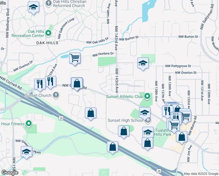 map of restaurants, bars, coffee shops, grocery stores, and more near 1895 Northwest 143rd Avenue in Portland