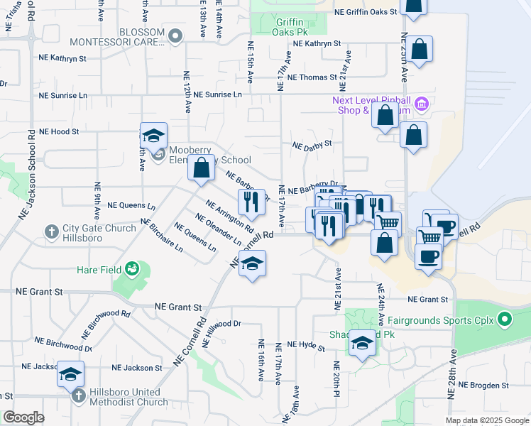 map of restaurants, bars, coffee shops, grocery stores, and more near in Hillsboro