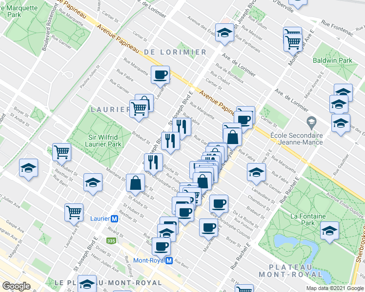 map of restaurants, bars, coffee shops, grocery stores, and more near 1320 Rue Gilford in Montréal