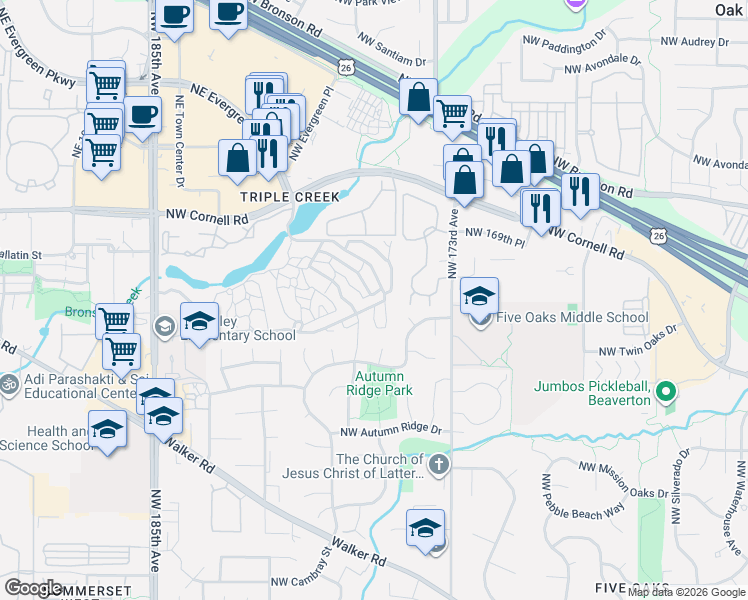 map of restaurants, bars, coffee shops, grocery stores, and more near 1549 Northwest Eastbrook Court in Beaverton