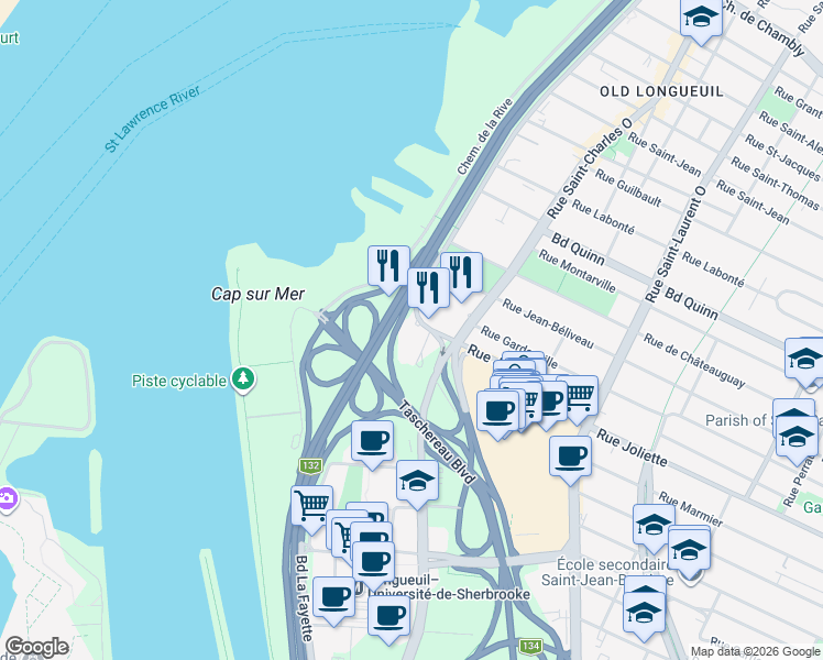 map of restaurants, bars, coffee shops, grocery stores, and more near 300 Rue Joliette in Longueuil