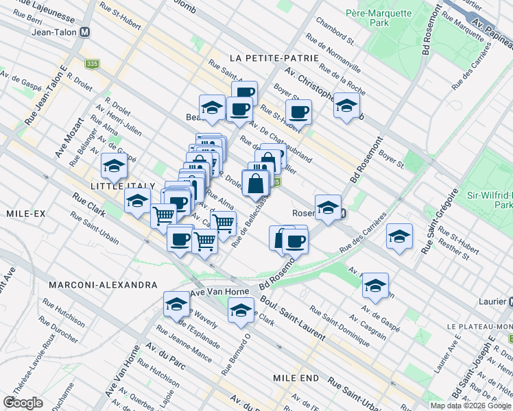 map of restaurants, bars, coffee shops, grocery stores, and more near 305 Rue de Bellechasse in Montréal