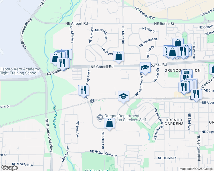 map of restaurants, bars, coffee shops, grocery stores, and more near 5200 Northeast Elam Young Parkway in Hillsboro