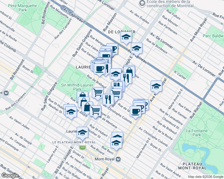 map of restaurants, bars, coffee shops, grocery stores, and more near 1260 Boulevard Saint-Joseph Est in Montréal