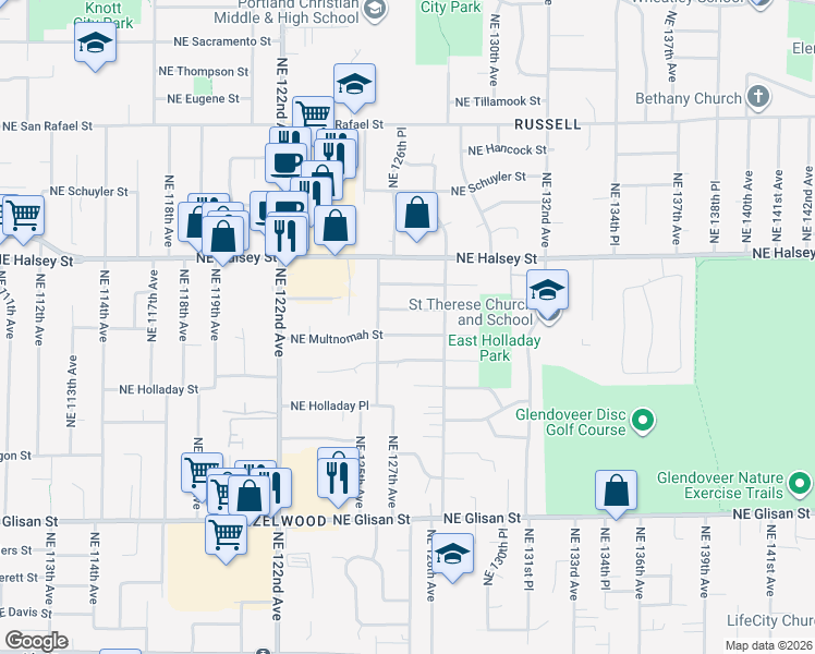 map of restaurants, bars, coffee shops, grocery stores, and more near 12651 Northeast Multnomah Street in Portland