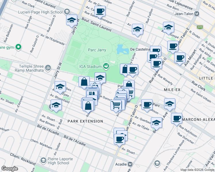 map of restaurants, bars, coffee shops, grocery stores, and more near 410 Rue Saint-Roch in Montréal
