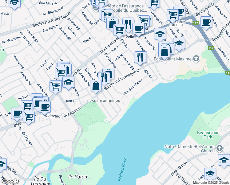 map of restaurants, bars, coffee shops, grocery stores, and more near 4320 Rue de la Seine in Laval