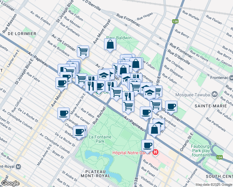 map of restaurants, bars, coffee shops, grocery stores, and more near 1954 Rue Rachel Est in Montréal