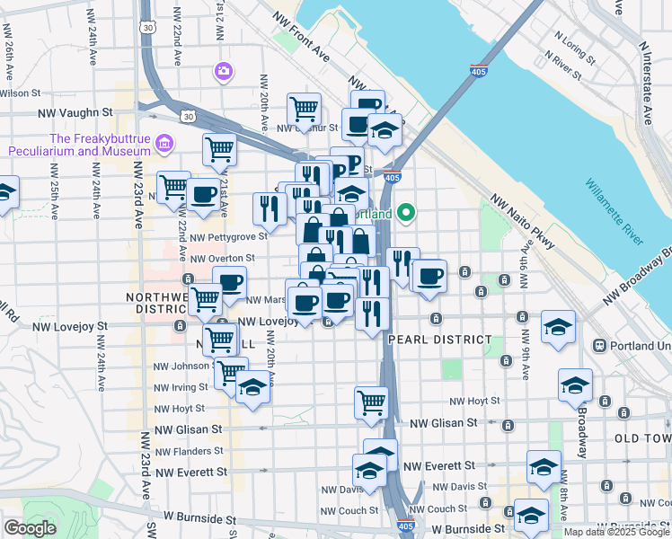 map of restaurants, bars, coffee shops, grocery stores, and more near in Portland