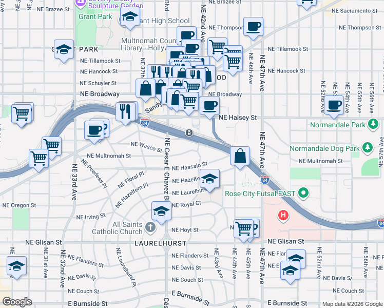 map of restaurants, bars, coffee shops, grocery stores, and more near 4124 Northeast Multnomah Street in Portland