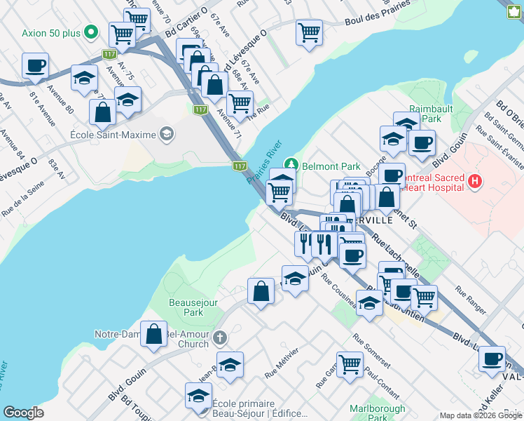 map of restaurants, bars, coffee shops, grocery stores, and more near 12555 Rue Cousineau in Montréal