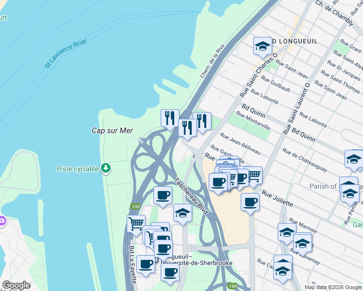 map of restaurants, bars, coffee shops, grocery stores, and more near 300 Rue Joliette in Longueuil
