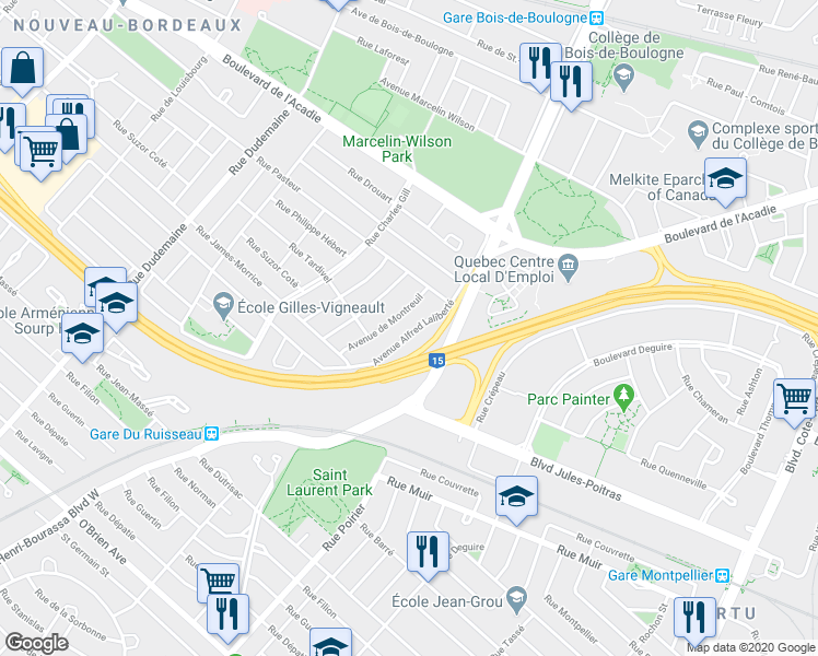 map of restaurants, bars, coffee shops, grocery stores, and more near 2205 Avenue Alfred Laliberté in Montréal
