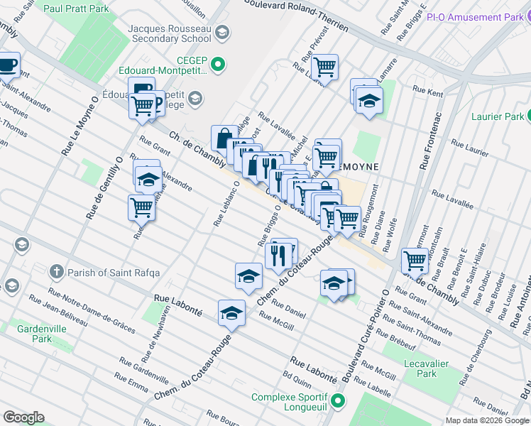 map of restaurants, bars, coffee shops, grocery stores, and more near 1268 Rue Grant in Longueuil