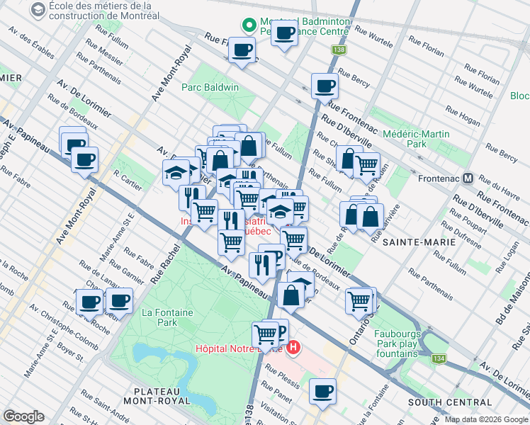 map of restaurants, bars, coffee shops, grocery stores, and more near 3497 Avenue De Lorimier in Montréal