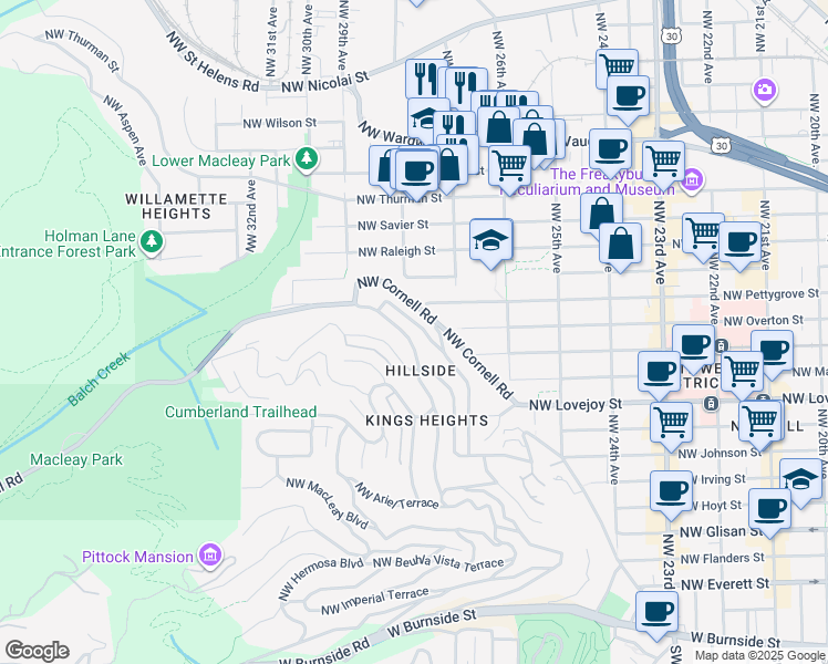 map of restaurants, bars, coffee shops, grocery stores, and more near 2831 Northwest Westover Road in Portland