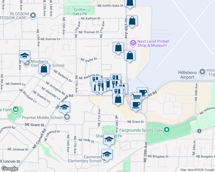 map of restaurants, bars, coffee shops, grocery stores, and more near 2225 Northeast Cornell Road in Hillsboro