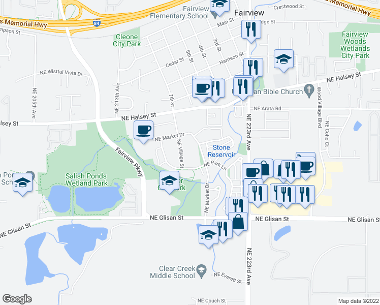 map of restaurants, bars, coffee shops, grocery stores, and more near 1432 Northeast Village Street in Fairview