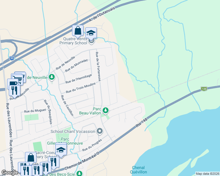 map of restaurants, bars, coffee shops, grocery stores, and more near 191 Rue de Bourgneuf in Gatineau