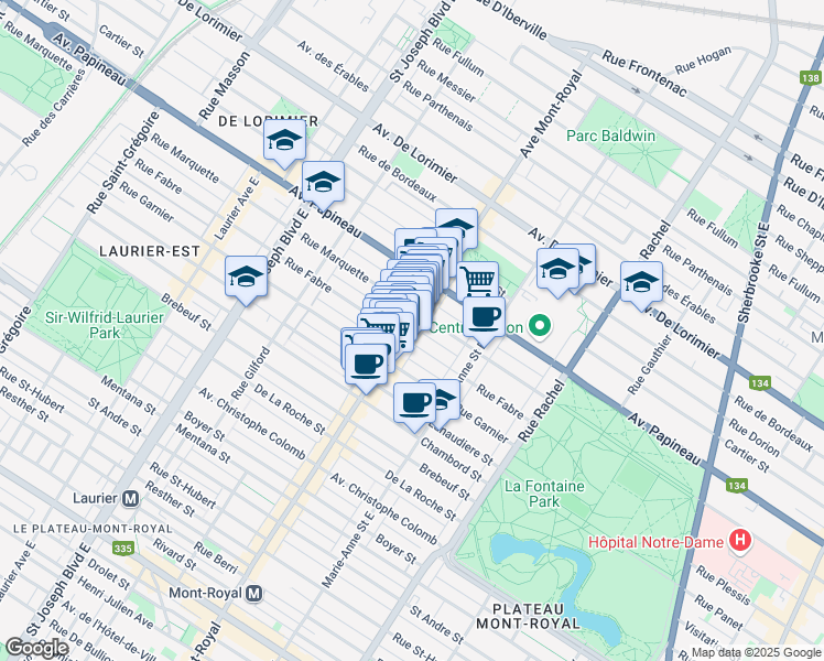 map of restaurants, bars, coffee shops, grocery stores, and more near 1564 Avenue du Mont-Royal Est in Montréal