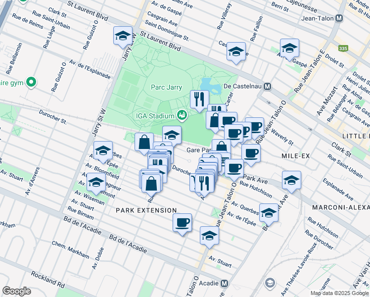 map of restaurants, bars, coffee shops, grocery stores, and more near 412 Rue Saint-Roch in Montréal