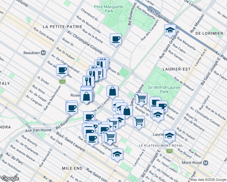 map of restaurants, bars, coffee shops, grocery stores, and more near 761 Rue des Carrières in Montréal