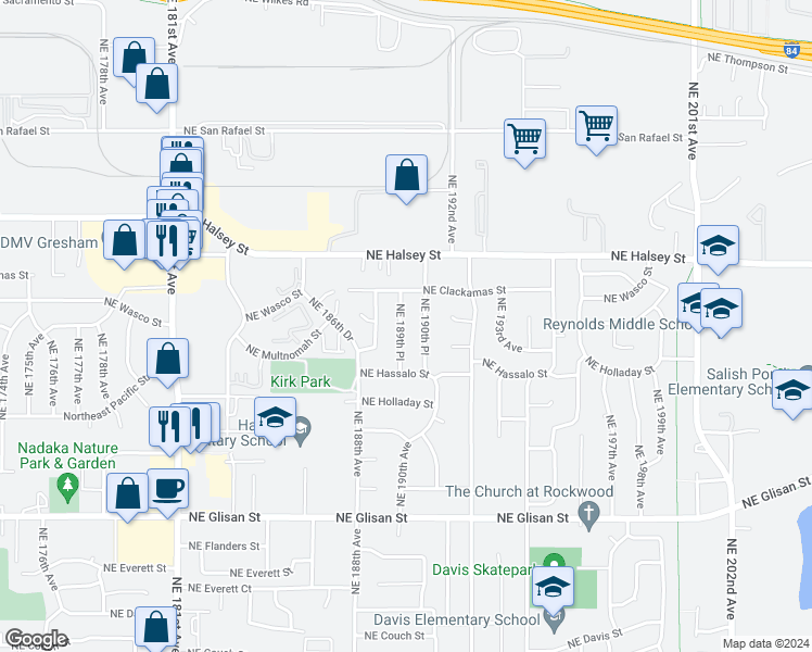 map of restaurants, bars, coffee shops, grocery stores, and more near 1214 Northeast 189th Place in Portland