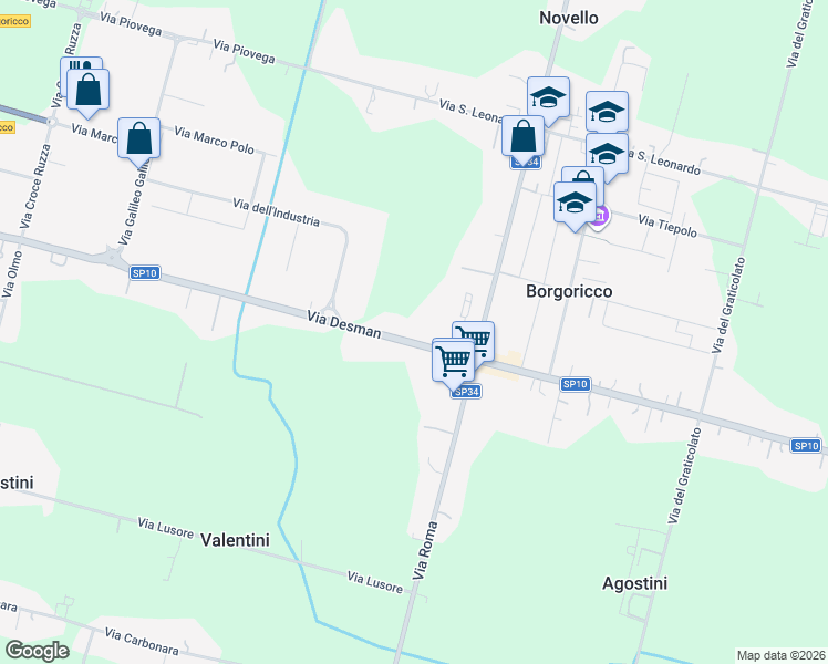 map of restaurants, bars, coffee shops, grocery stores, and more near 198 Via Desman in Borgoricco