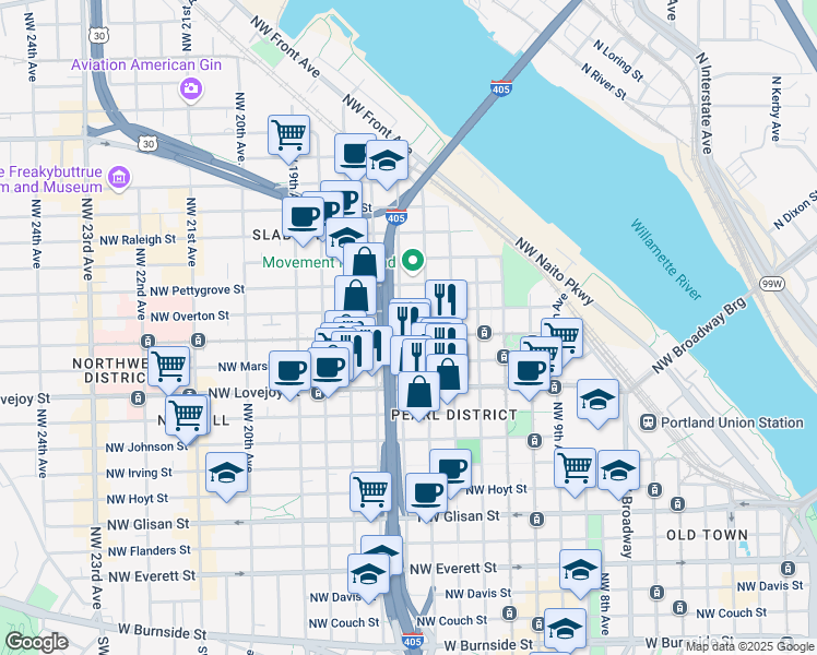 map of restaurants, bars, coffee shops, grocery stores, and more near 1104 Northwest 15th Avenue in Portland